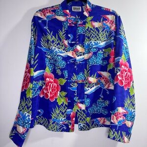 Chico’s Design Silk Crane Floral Jacket Blouse Size 1 Blue Vintage